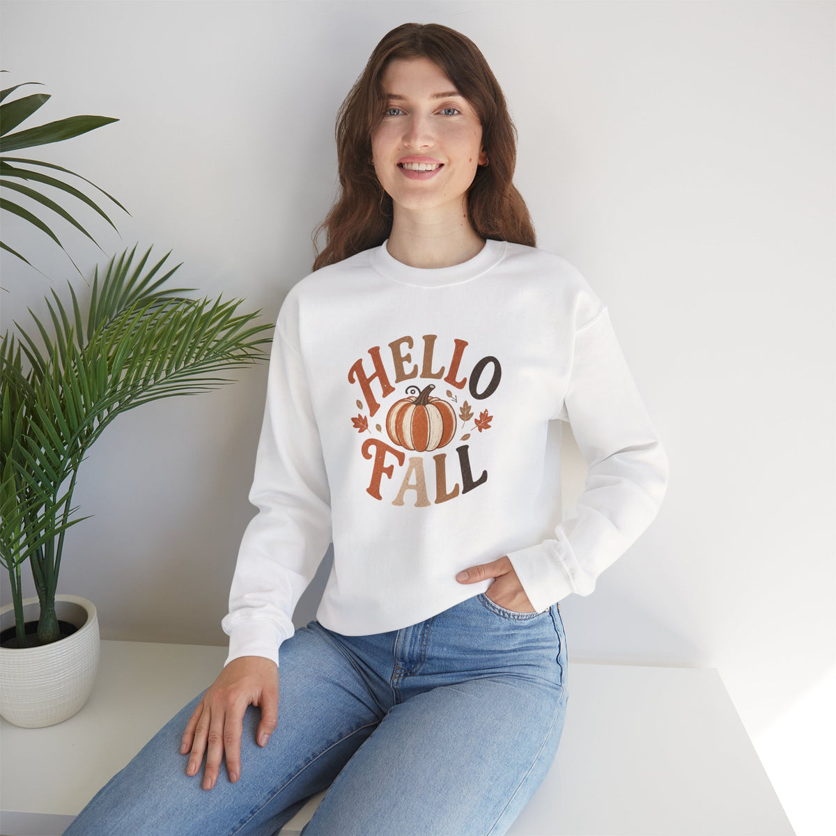 Hello Fall Pumpkin Crewneck Sweatshirt | Autumn Leaves, Cozy Seasonal Tee