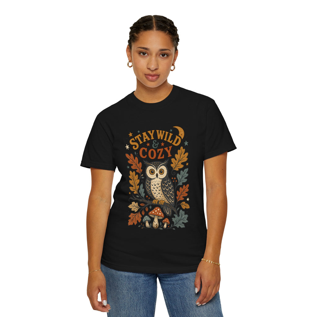 Stay Wild & Cozy Owl Illustration Comfort Colors T-Shirt | Autumn Leaves, Mushroom