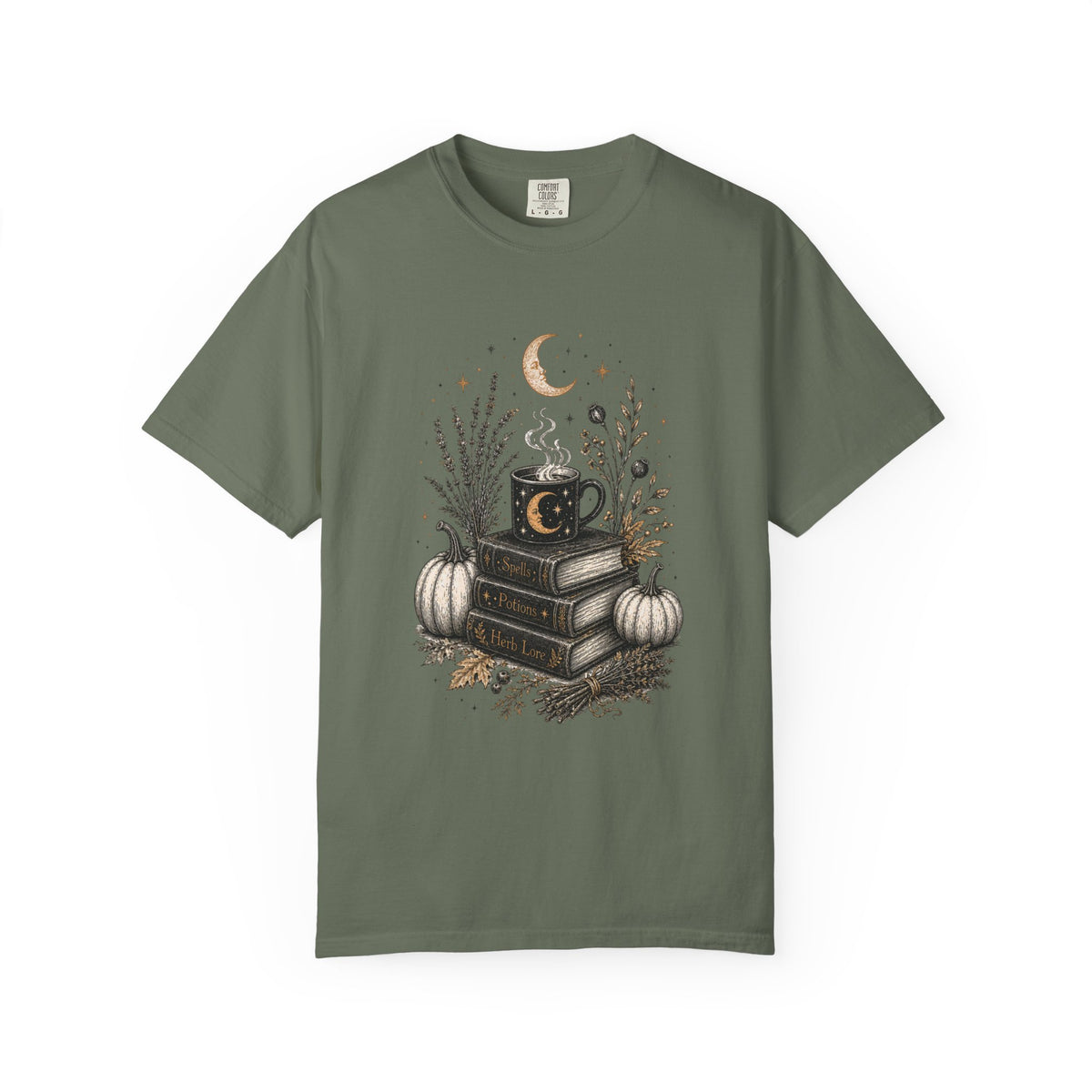 Cozy Fall Book Stack with Moon Coffee Mug T-shirt | Autumn Pumpkin Floral