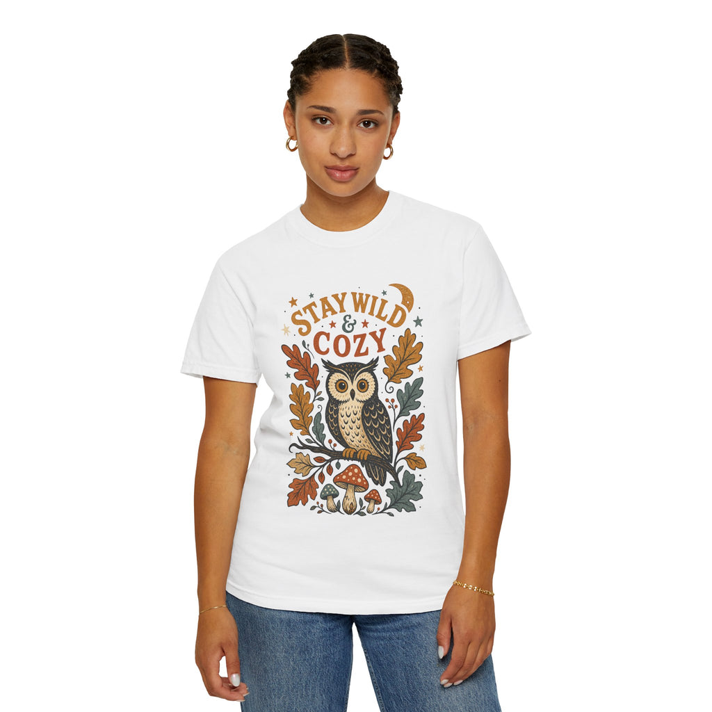 Stay Wild & Cozy Owl Illustration Comfort Colors T-Shirt | Autumn Leaves, Mushroom