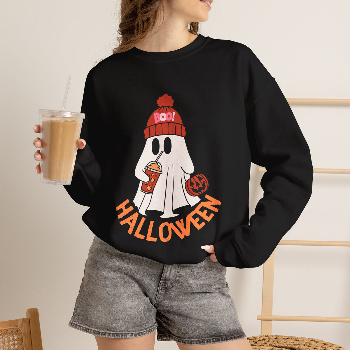Cute Ghost wearing BOO beanie with iced coffee and trick or treat pumpkin Halloween Sweatshirt