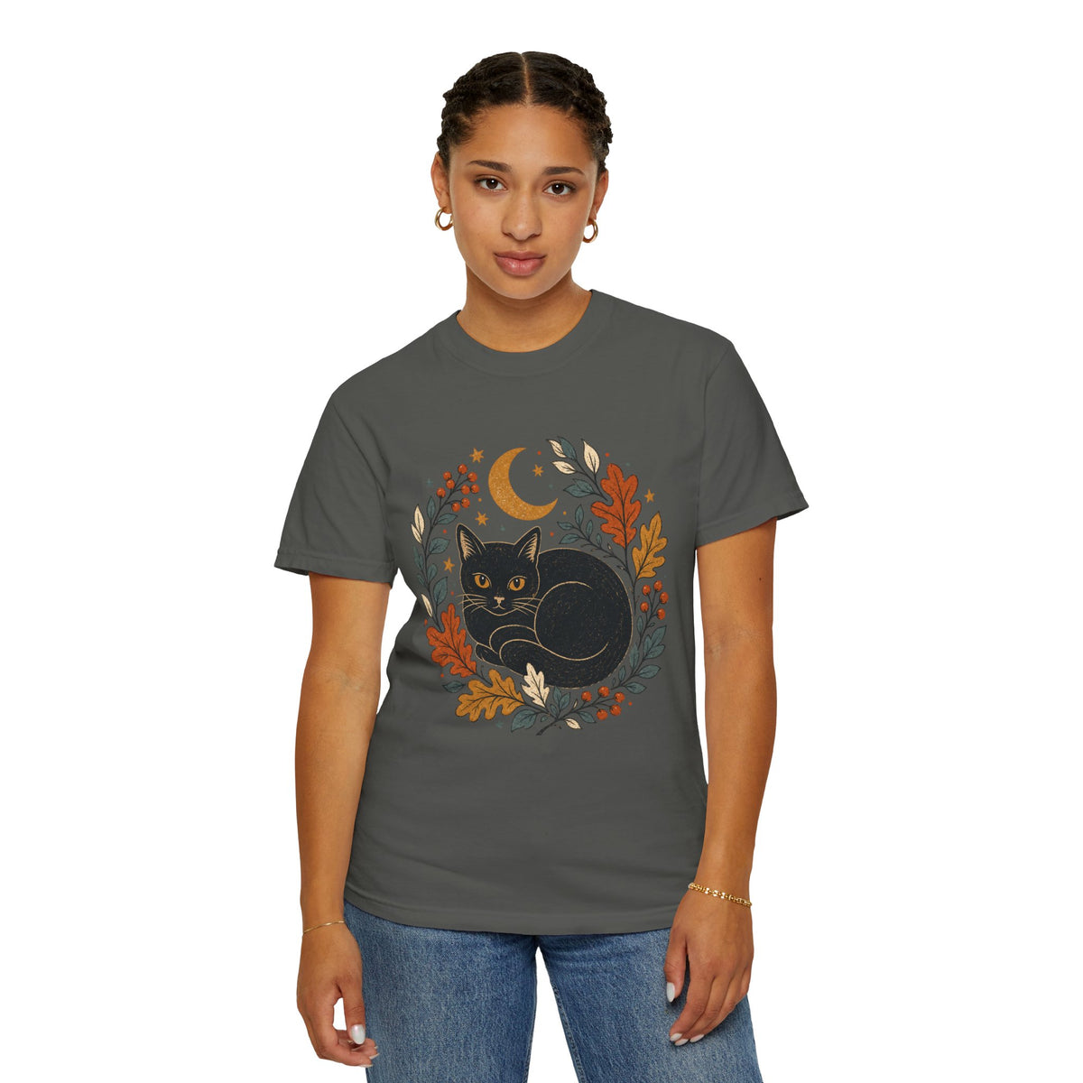 Black Cat Fall Wreath Comfort Colors T-shirt | Crescent Moon, Autumn Leaves