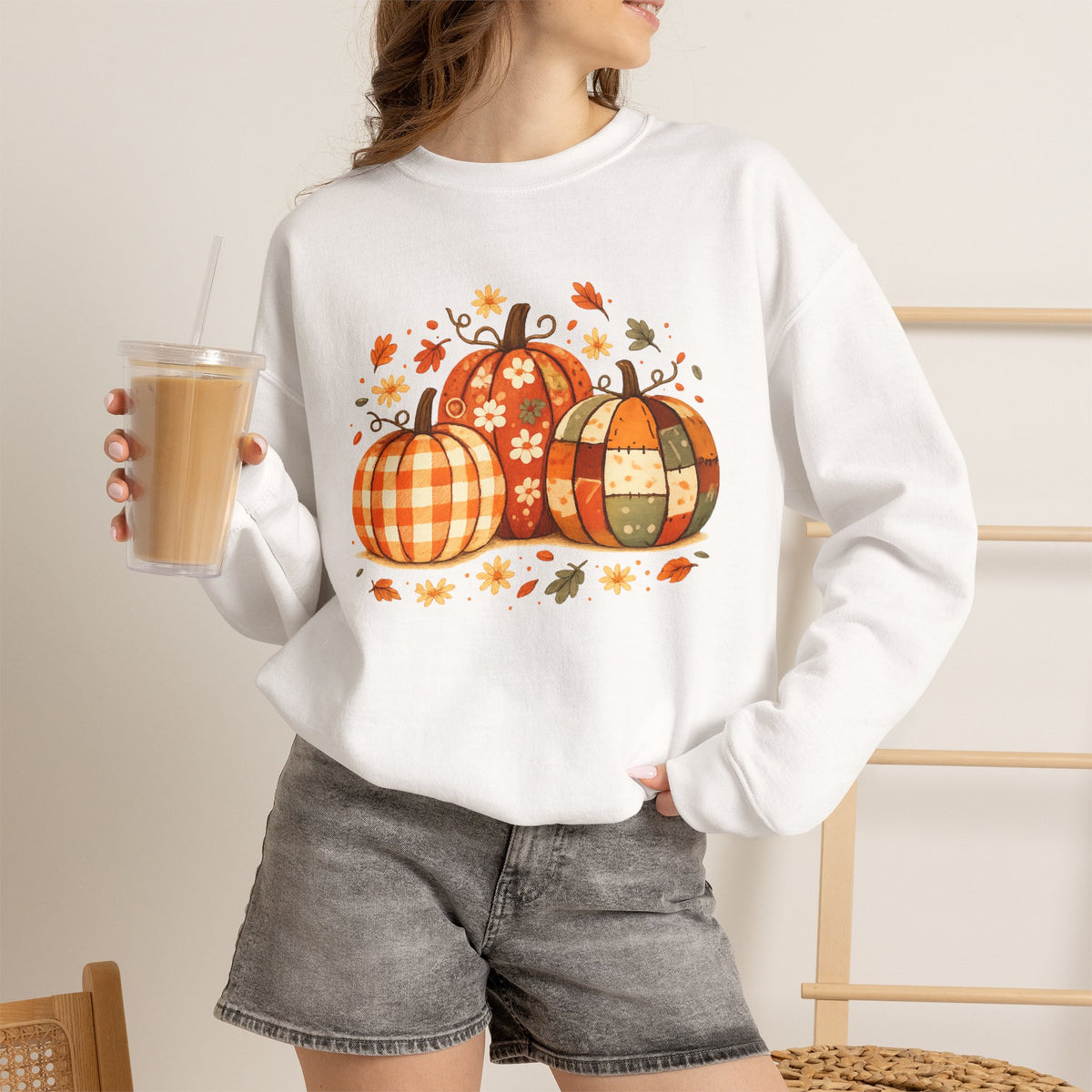 Patchwork Pumpkins Crewneck Sweatshirt | Autumn Plaid Pumpkin Trio