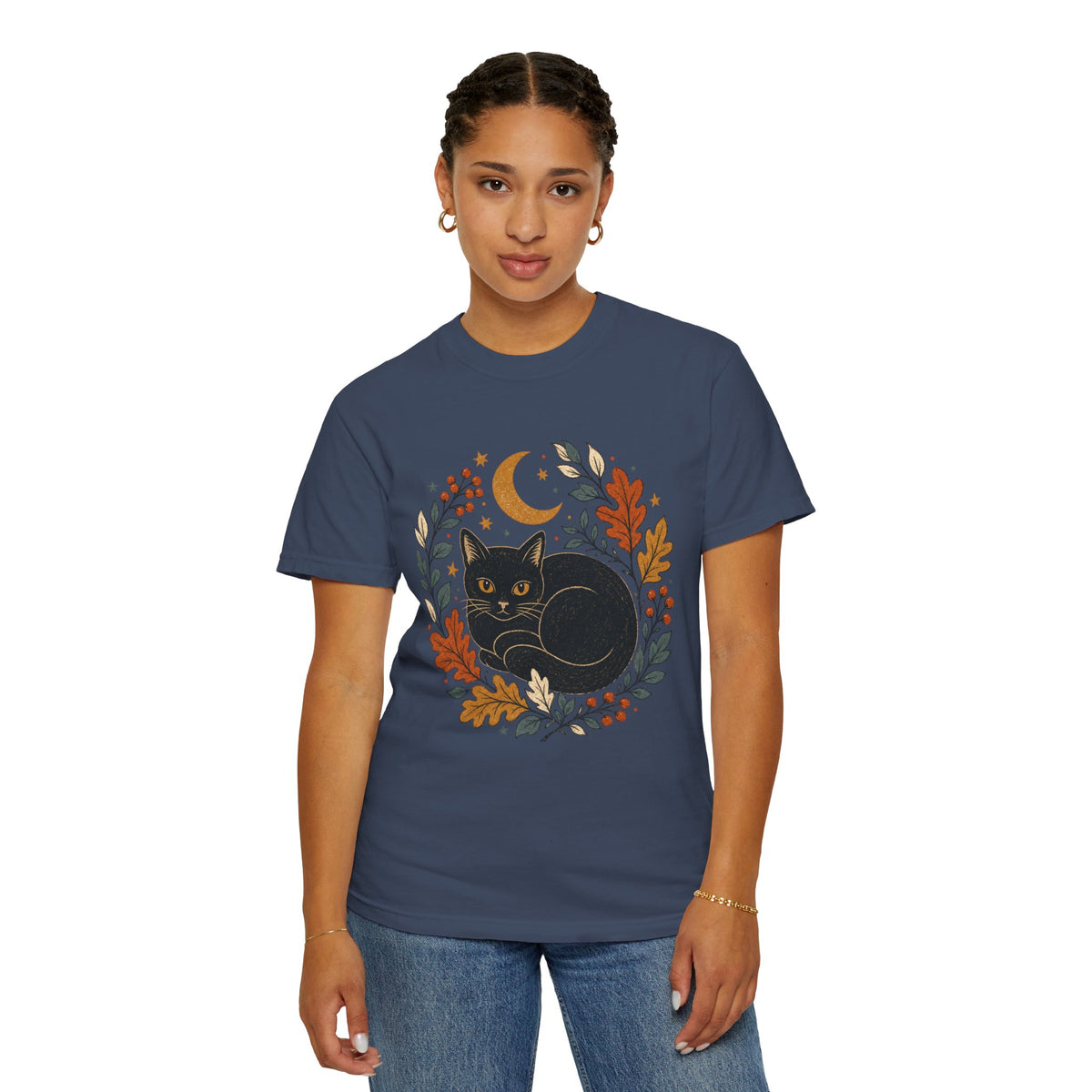 Black Cat Fall Wreath Comfort Colors T-shirt | Crescent Moon, Autumn Leaves
