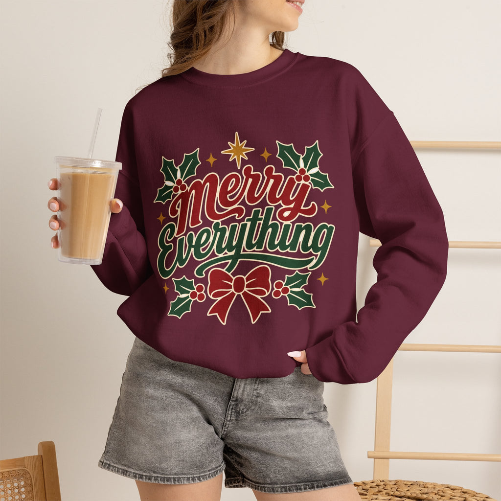 Merry Everything Christmas Sweatshirt | Holiday Script Holly Bow Crewneck