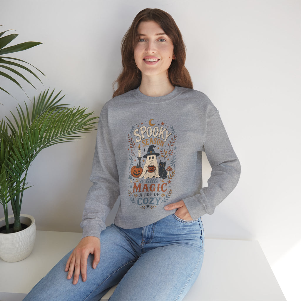 Spook Season Ghost with Witch Hat Cat Pumpkin Sweatshirt | Cozy Halloween Magic Autumn Botanicals