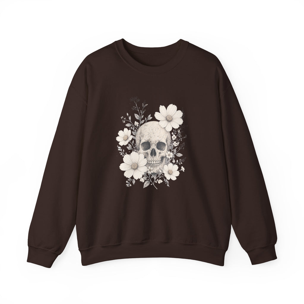 Moody Edgy Floral Skull Crewneck Sweatshirt | Botanical Skull Design Gothic Halloween Dark Romantic