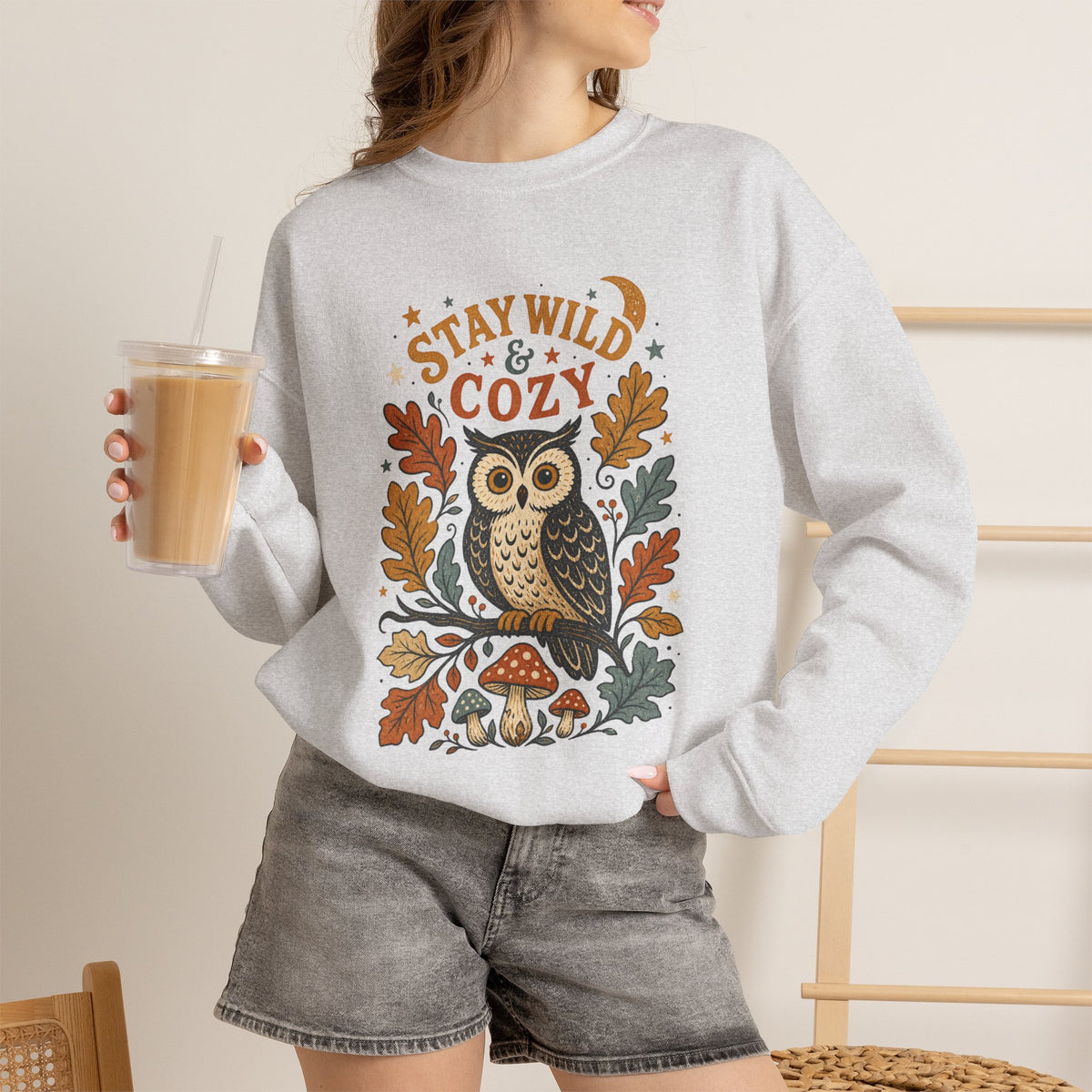 Stay Wild & Cozy Owl Sweatshirt | Autumn Leaves, Mushrooms