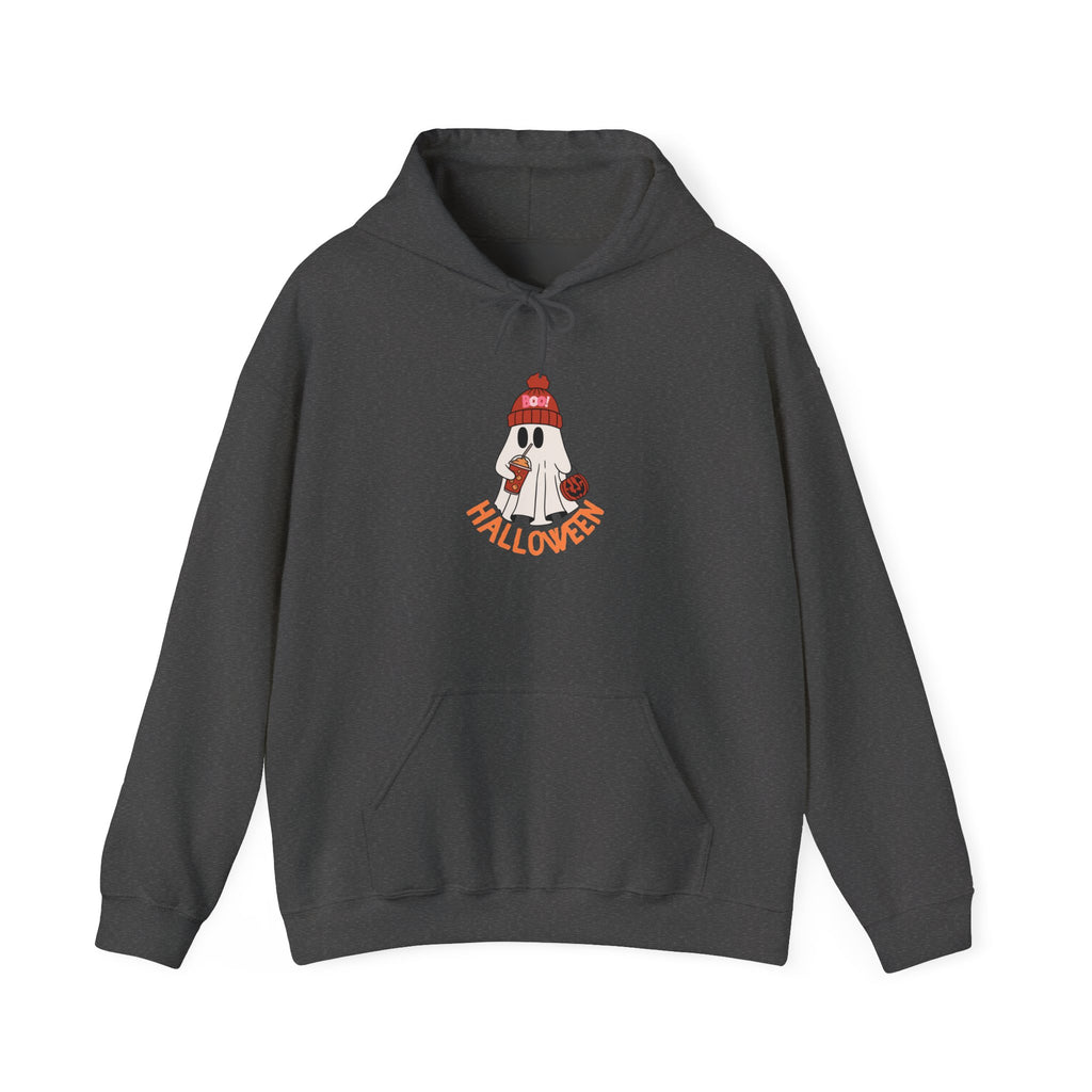 Cute Ghost in Beanie Halloween Hoodie | Retro Boo Cool coffee drinking trick or treat Pumpkin Design