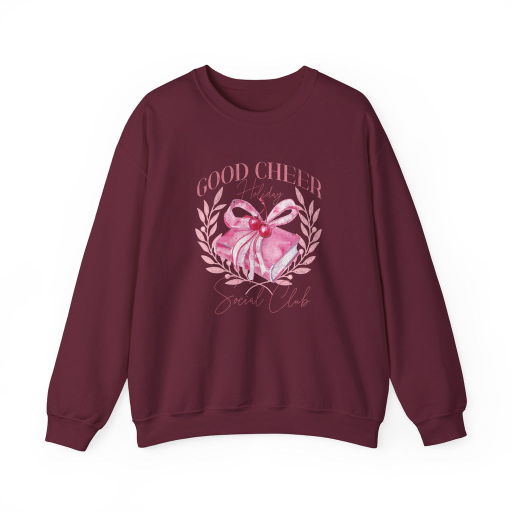 Christmas Sweatshirt Coquette Style | Good Cheer Social Club Pink Ribbon Wreath Holiday Cozy Crew