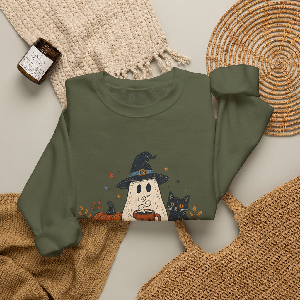 Cute Ghost with Witch Hat Sweatshirt | Halloween Pumpkin Black Cat Crewneck
