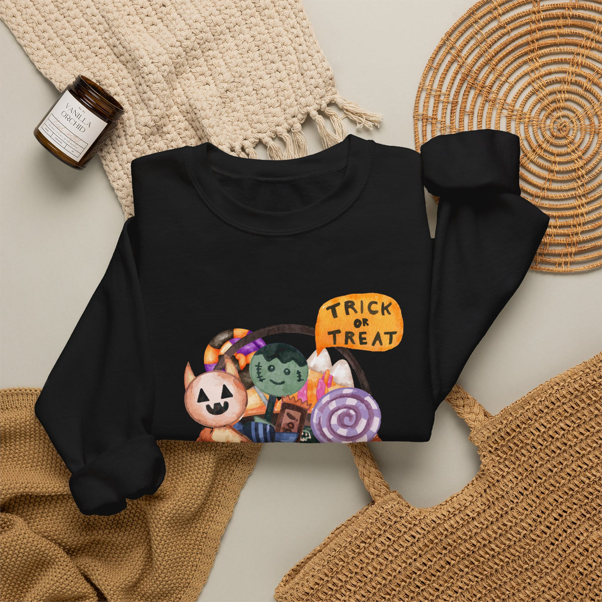 Halloween Pumpkin Candy Crewneck Sweatshirt — Trick or Treat Jack-O-Lantern Design