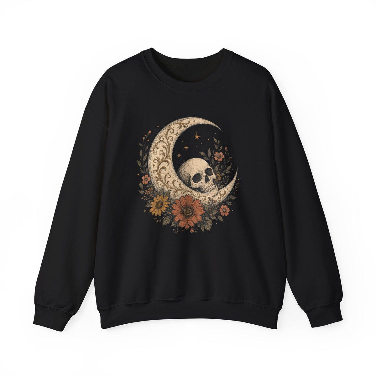 Skull Crescent Moon Floral Sweatshirt | Gothic Boho Moon Skull