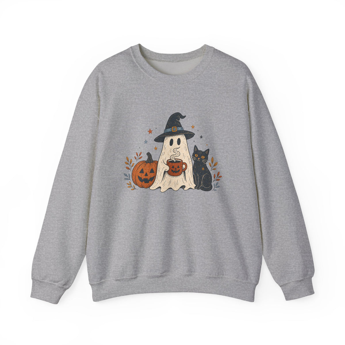 Cute Ghost with Witch Hat Sweatshirt | Halloween Pumpkin Black Cat Crewneck
