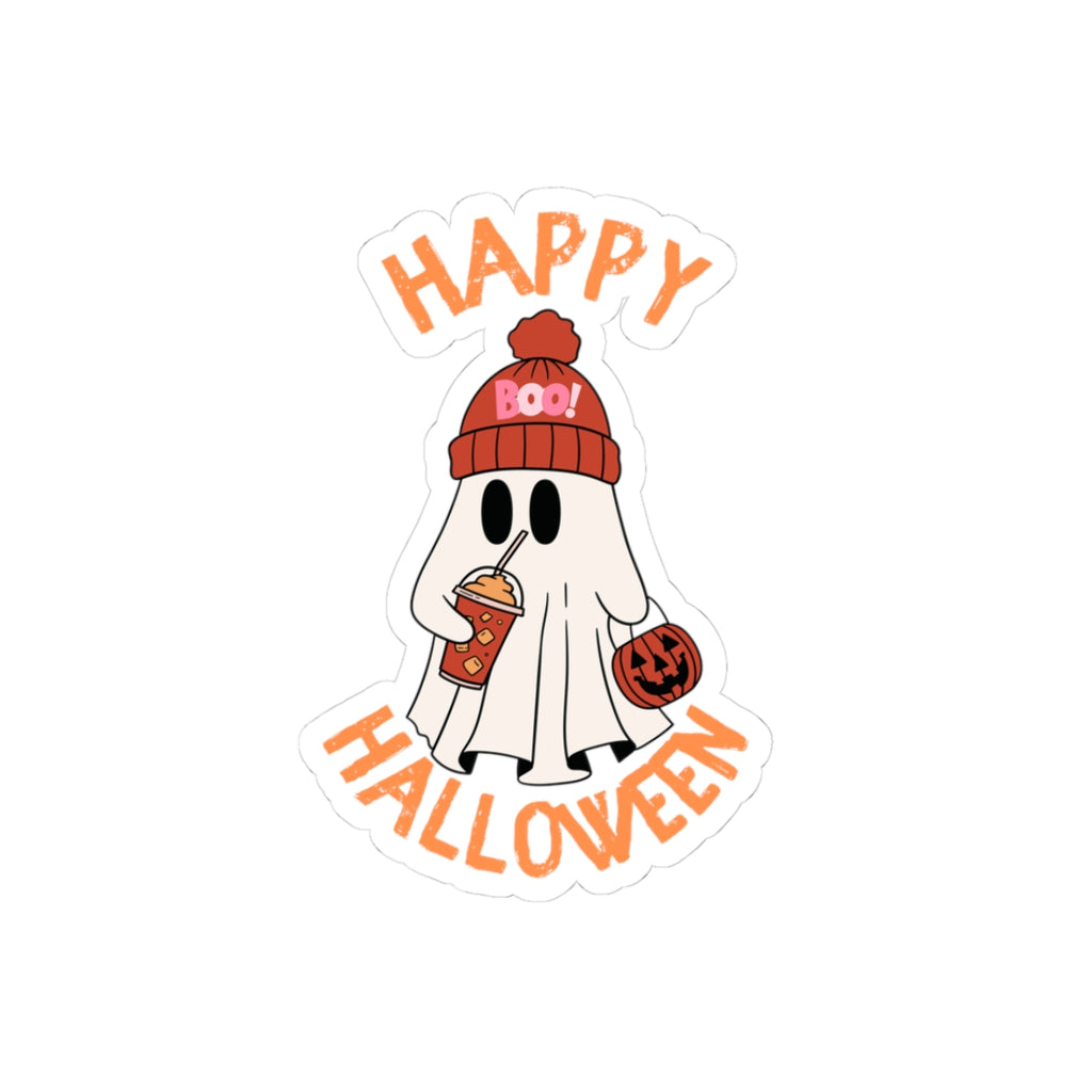 Cute Ghost Holding Pumpkin and Drink Kiss-Cut Sticker | Happy Halloween