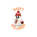 Cute Ghost Holding Pumpkin and Drink Kiss-Cut Sticker | Happy Halloween