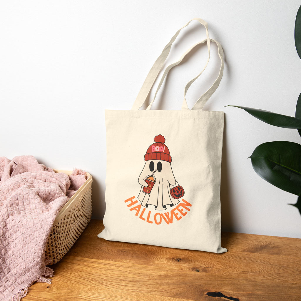 Cute Ghost with Beanie Halloween Tote Bag | Trick-or-Treat Pumpkin