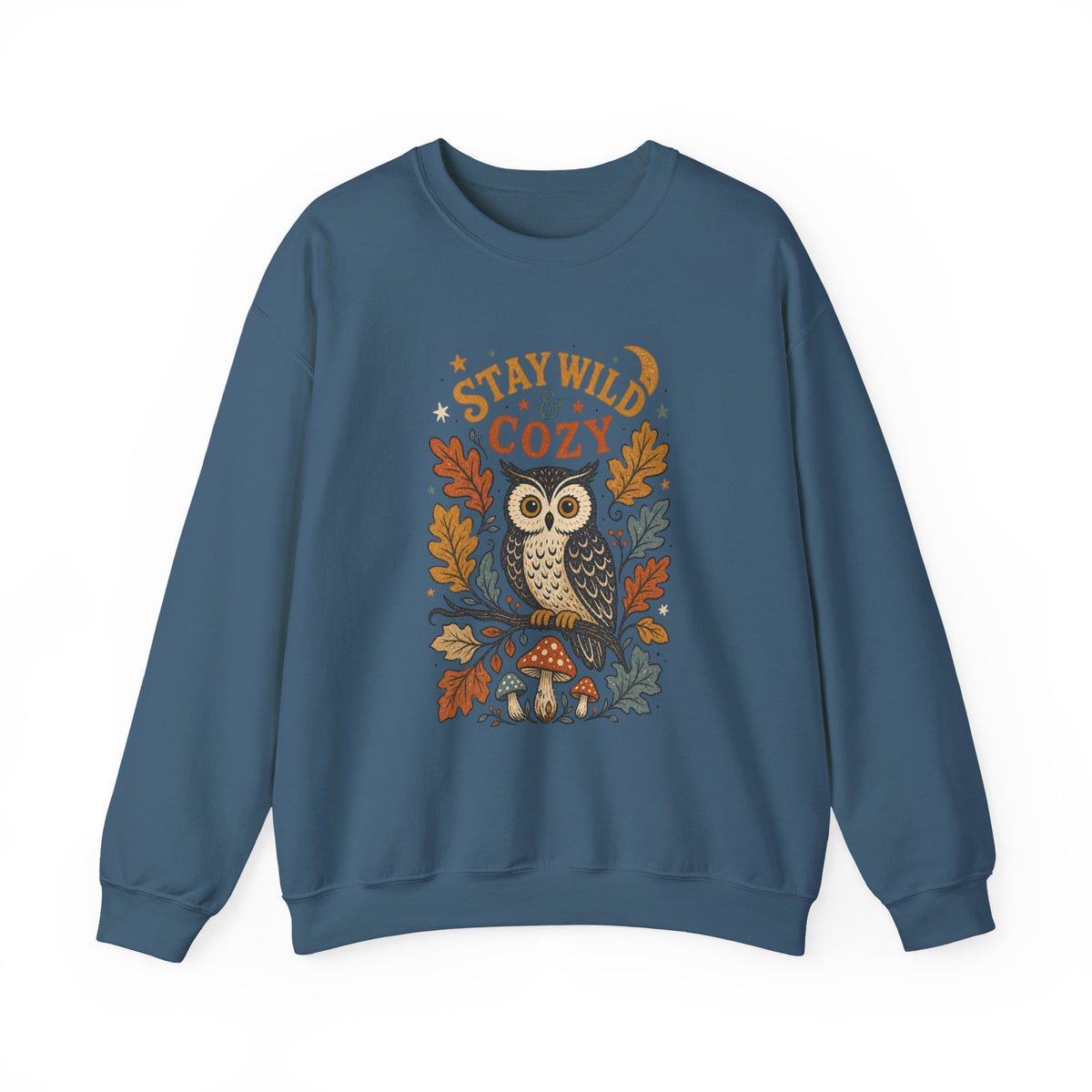 Stay Wild & Cozy Owl Sweatshirt | Autumn Leaves, Mushrooms