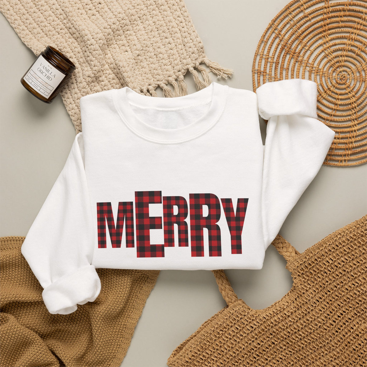 MERRY buffalo plaid letters Sweatshirt | Christmas holiday cozy design