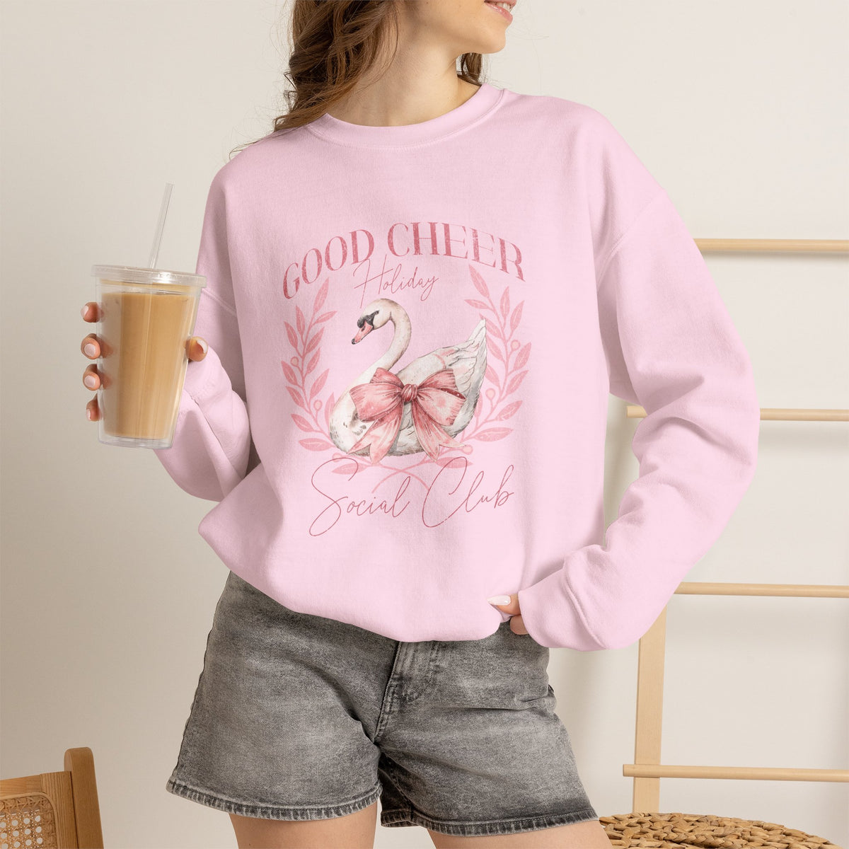 Coquette Christmas Sweatshirt | Good Cheer Social Club Swan and Flamingo Wreath