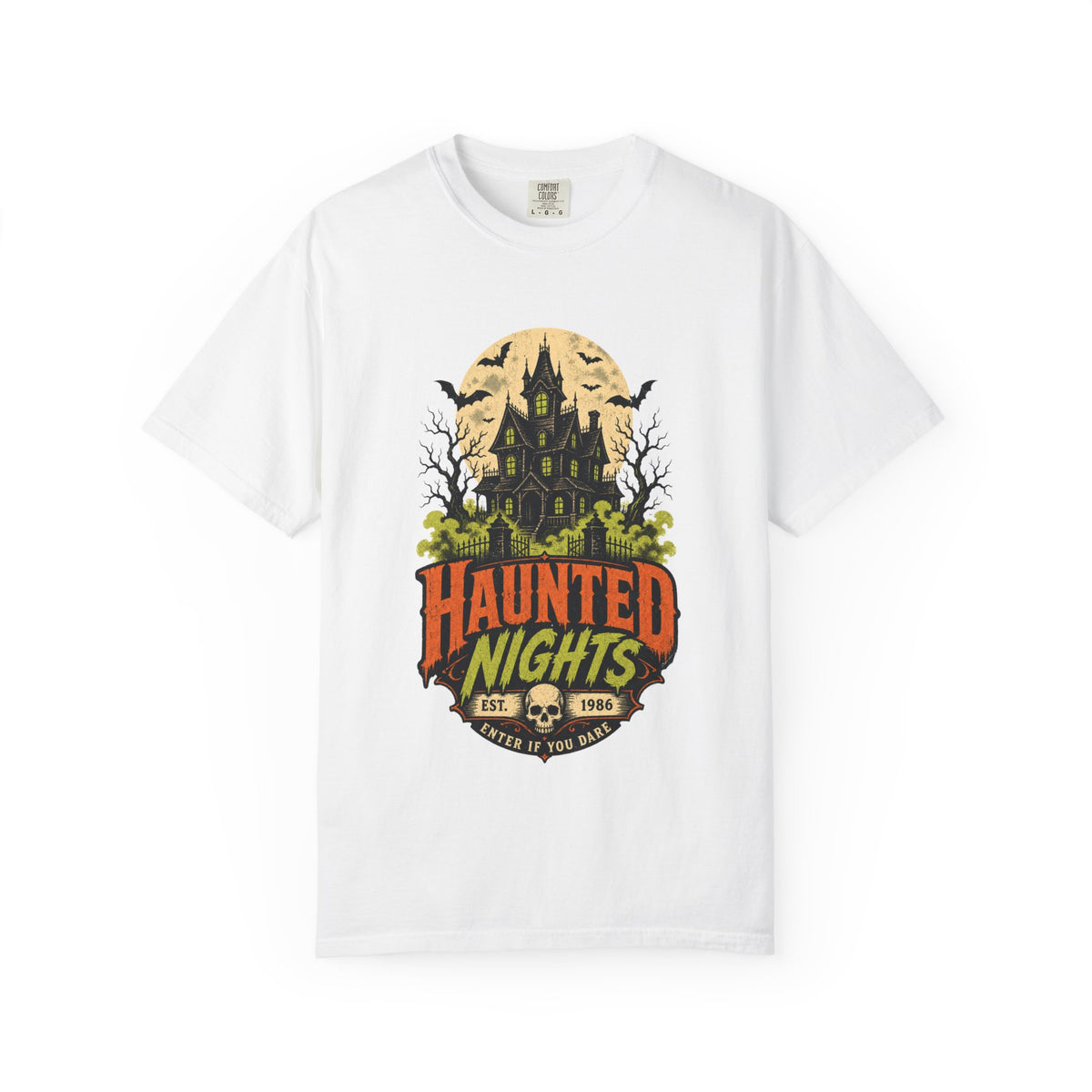 Haunted Nights haunted house T-shirt | Halloween spooky bats moon