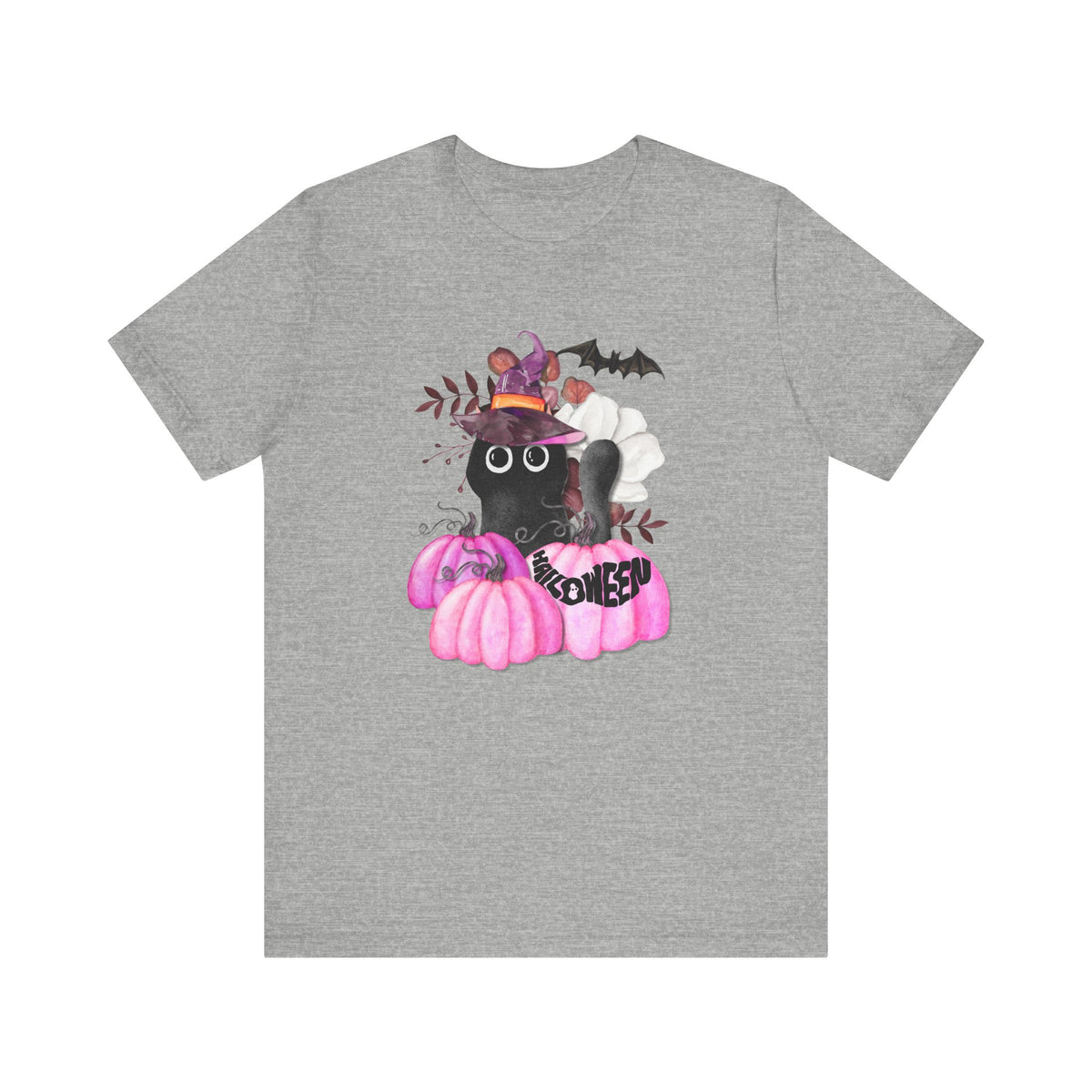 Black Cat Witch with Pink Pumpkins Tee | Halloween Cat Shirt
