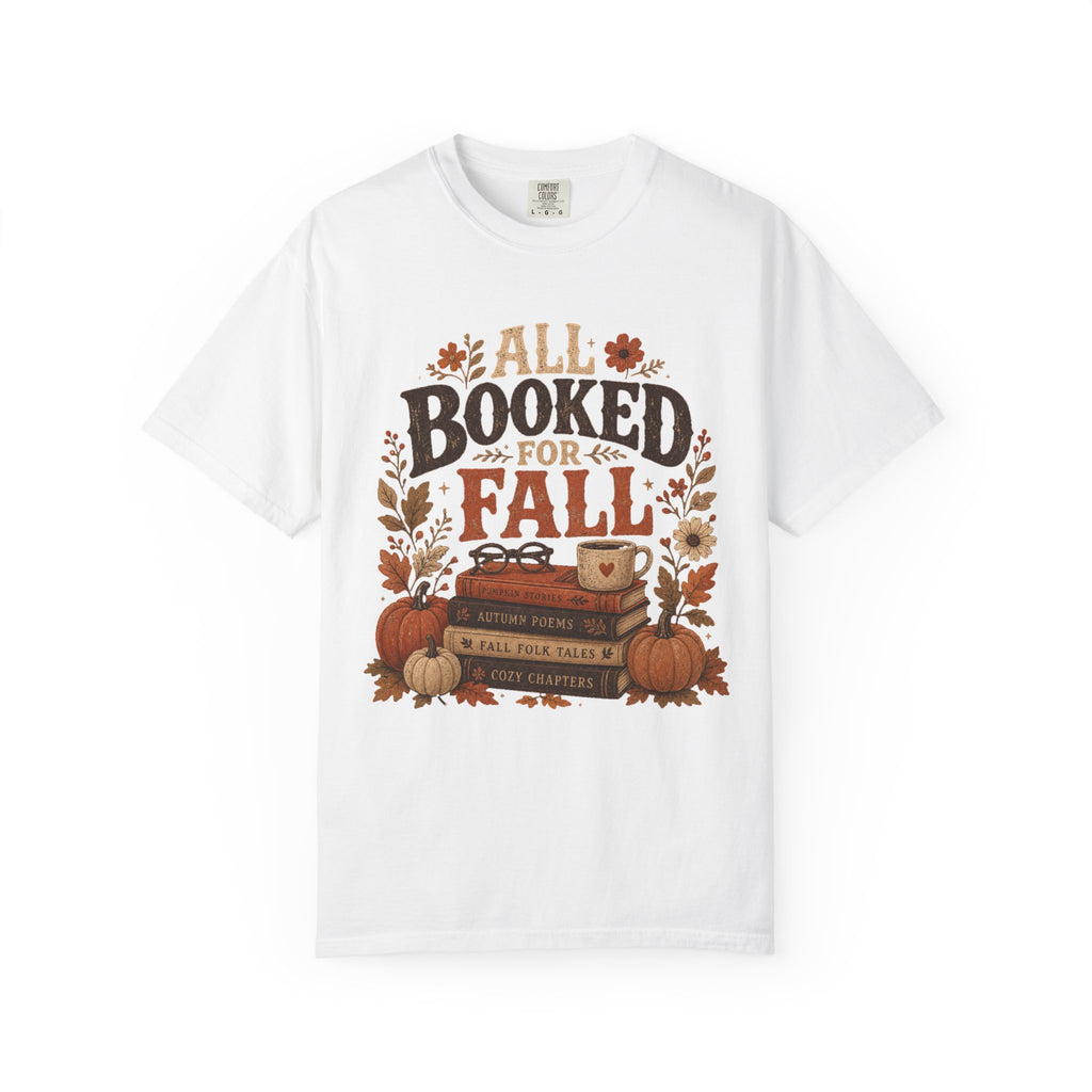 All Booked for Fall Comfort Colors T-shirt | Autumn Book Lover Tee, Pumpkin Stack Design