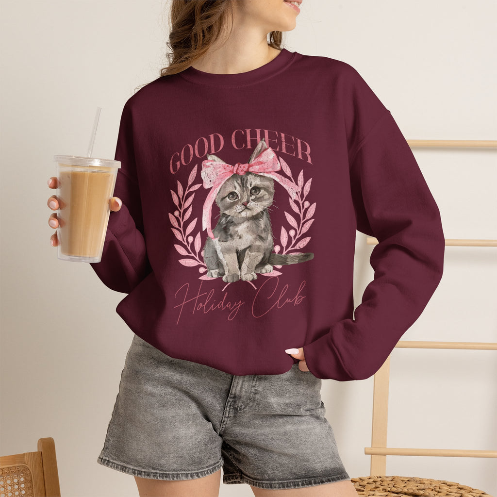 Christmas Kitten Sweatshirt | Cute Cat Illustration, Good Cheer Holiday Club Pink Coquette Style