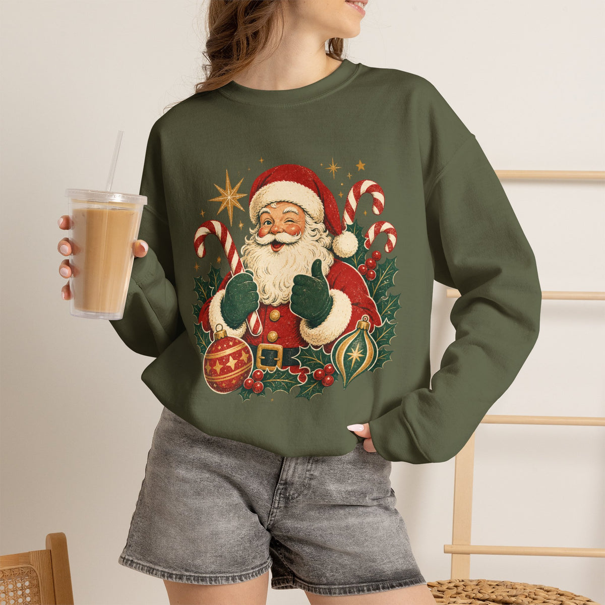 Vintage Santa Claus sweatshirt | Retro Christmas Santa, candy canes & ornaments