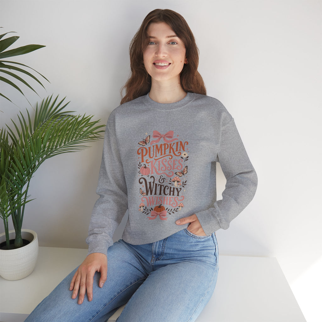 Pumpkin Kisses & Witchy Wishes Crewneck Sweatshirt | Fall Halloween Butterflies Sweater