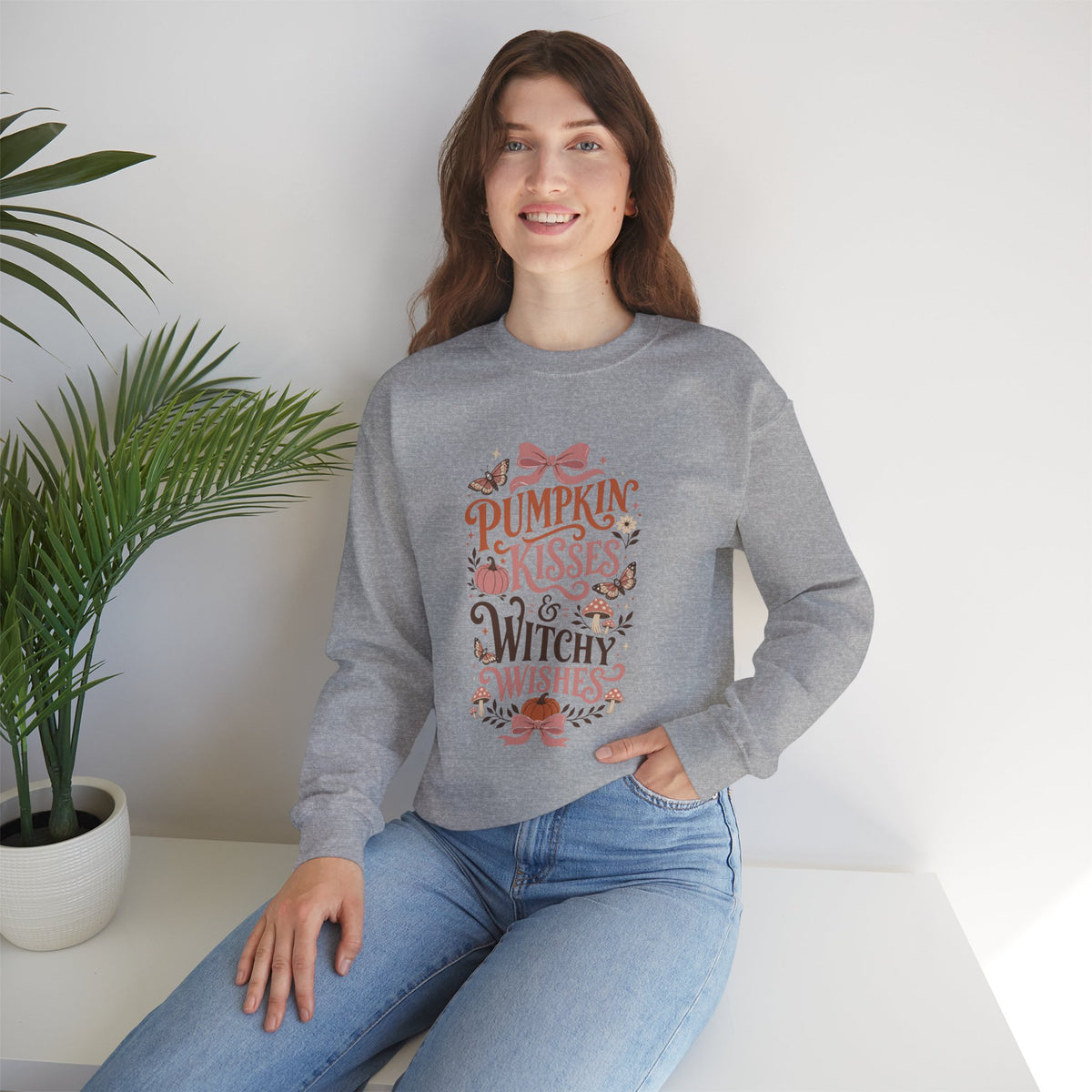 Pumpkin Kisses & Witchy Wishes Crewneck Sweatshirt | Fall Halloween Butterflies Sweater