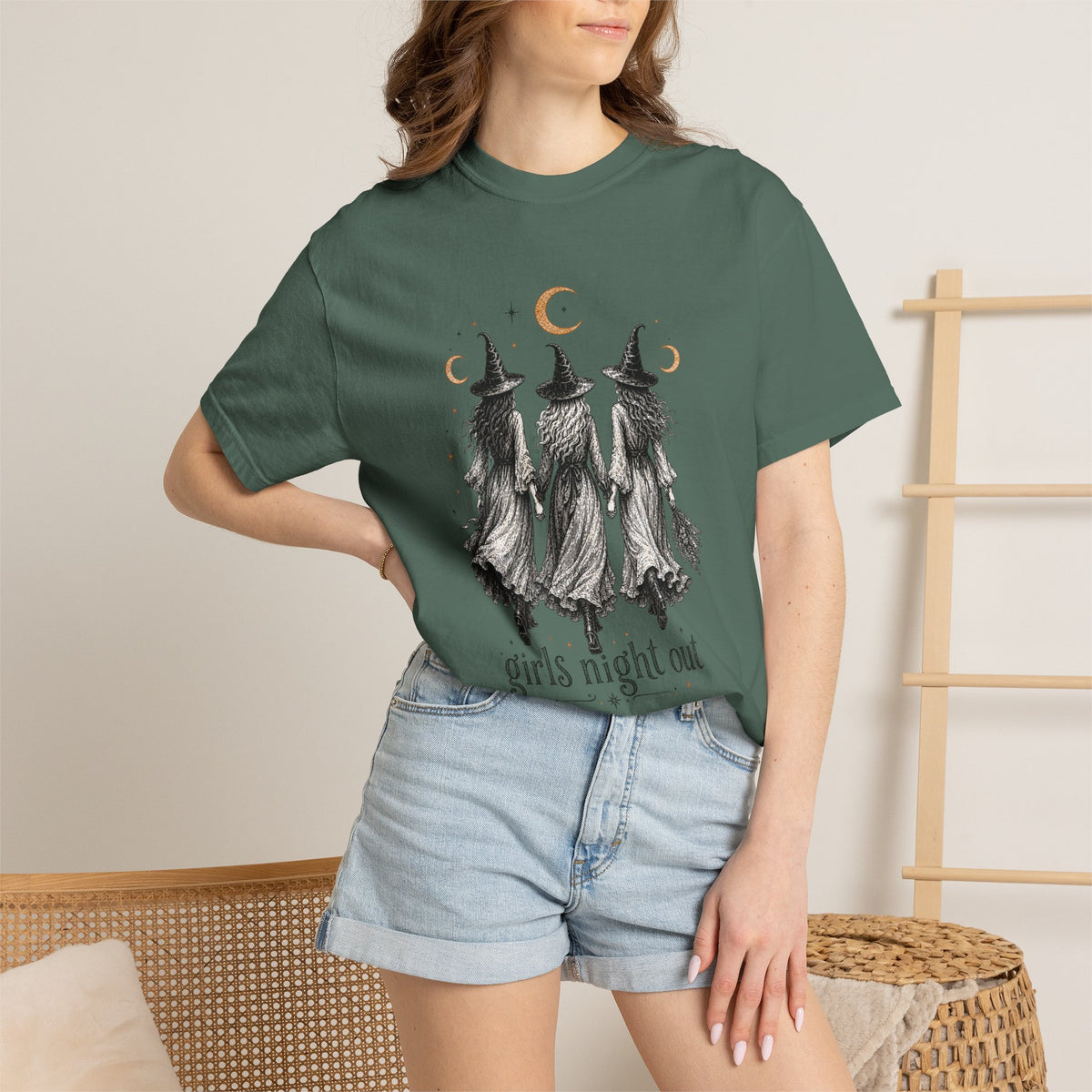 Girls Night Out witches Comfort Colors T-shirt | Halloween witch trio moon design