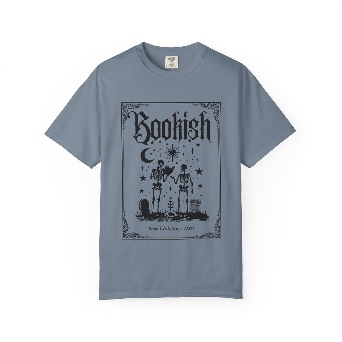 Bookish Skeletons Comfort Colors Tshirt | Gothic book lover tee, occult reading design