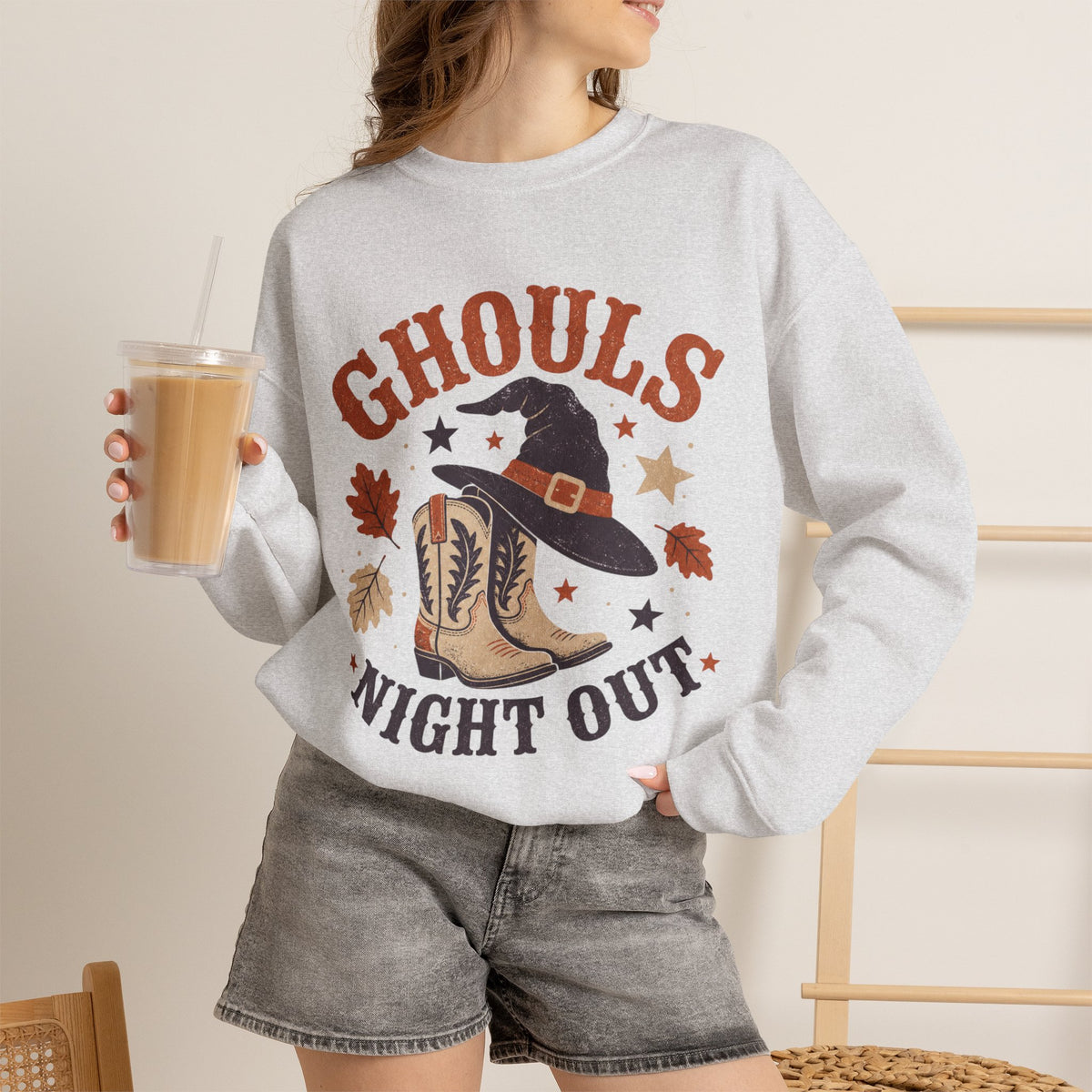Ghouls Night Out Sweatshirt | Witch Hat & Western Cowboy Boots Halloween Crewneck