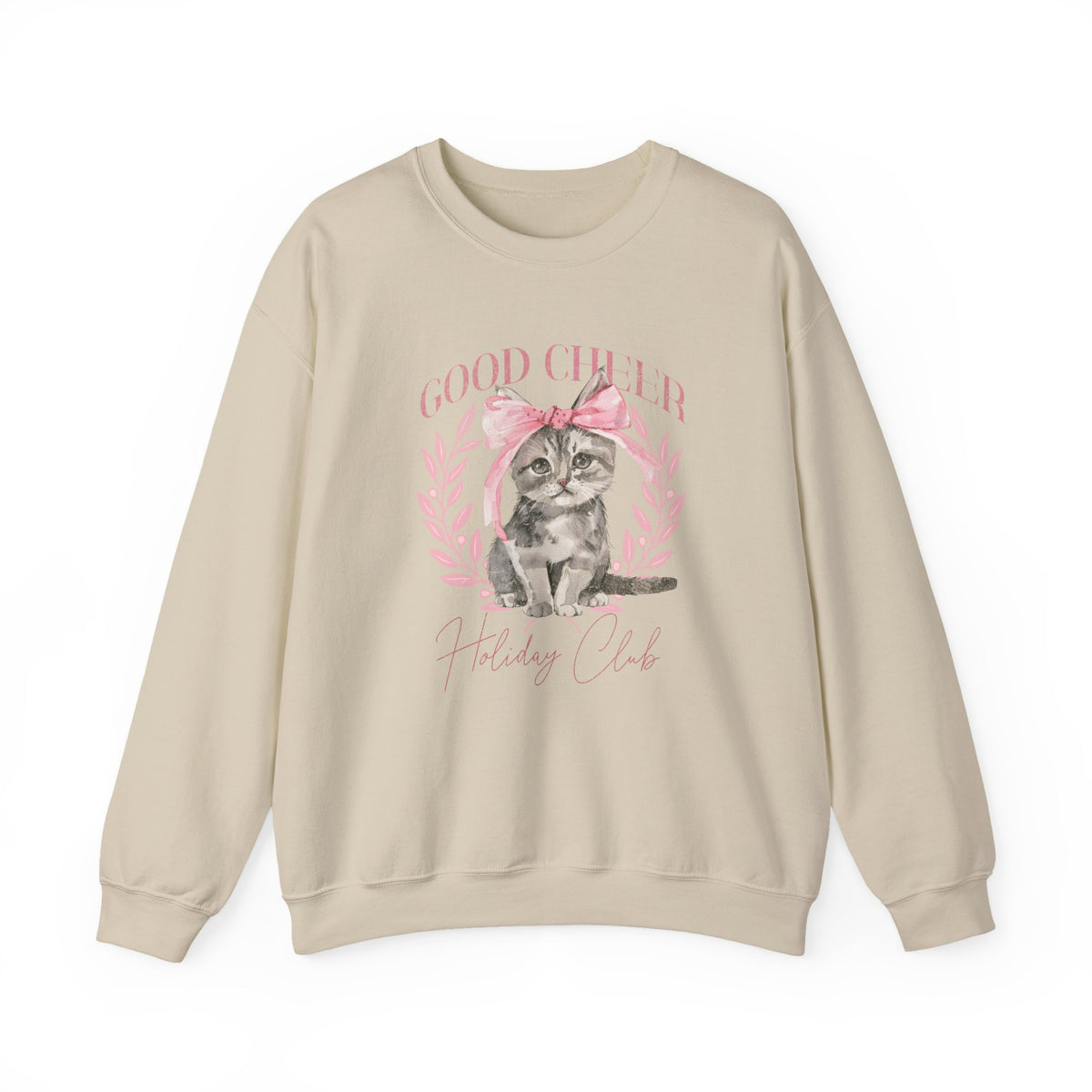 Christmas Kitten Sweatshirt | Cute Cat Illustration, Good Cheer Holiday Club Pink Coquette Style