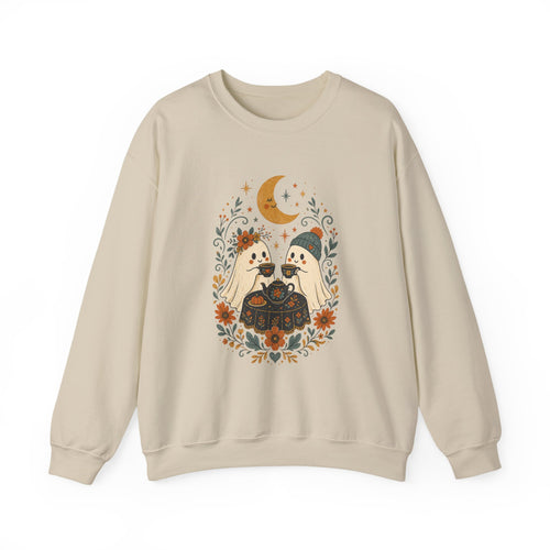 Autumn Cute Halloween Ghost Couple Sweatshirt | Moon Fall Floral Illustration