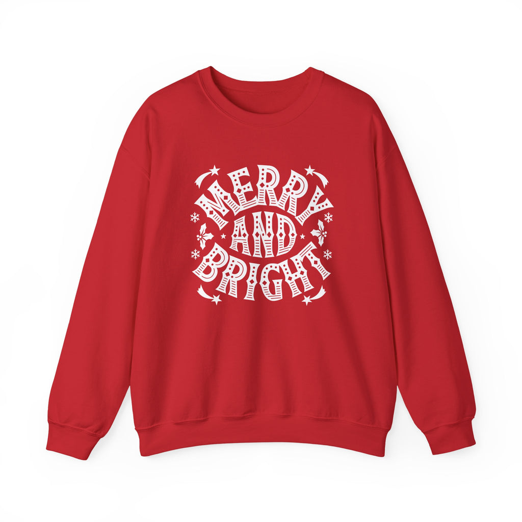 Christmas Sweatshirt Merry and Bright | Vintage Style Typography Holiday Crewneck Snowflakes Stars