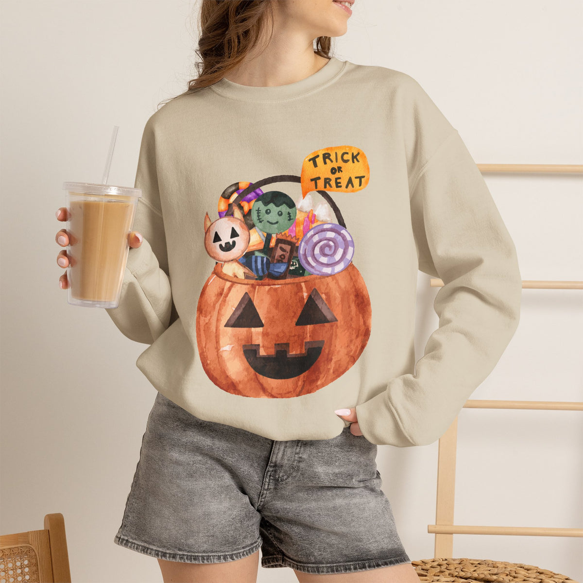 Halloween Pumpkin Candy Crewneck Sweatshirt — Trick or Treat Jack-O-Lantern Design