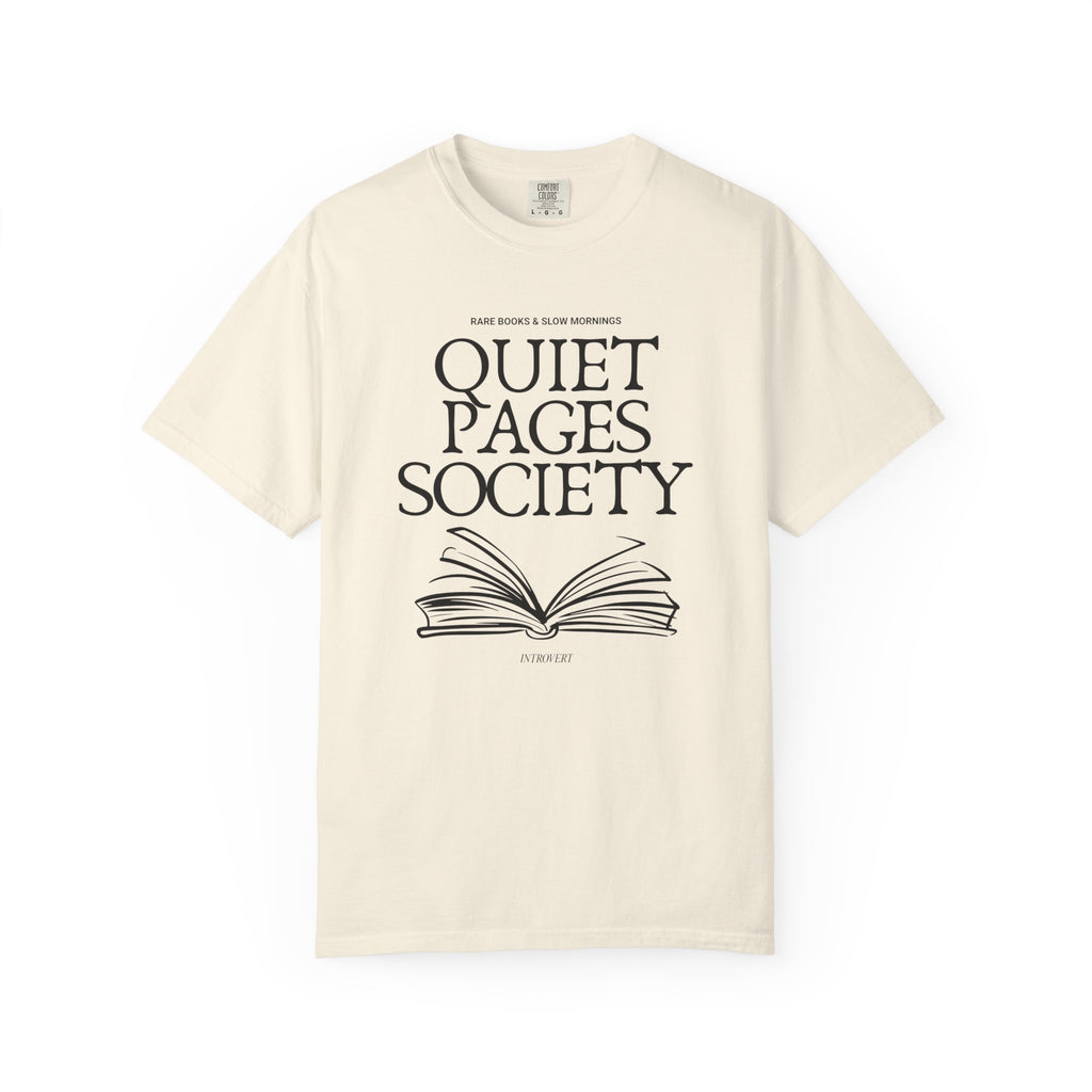 Quiet Pages Society Comfort Colors T-shirt | Open Book Illustration, Literary Reading Club Tee