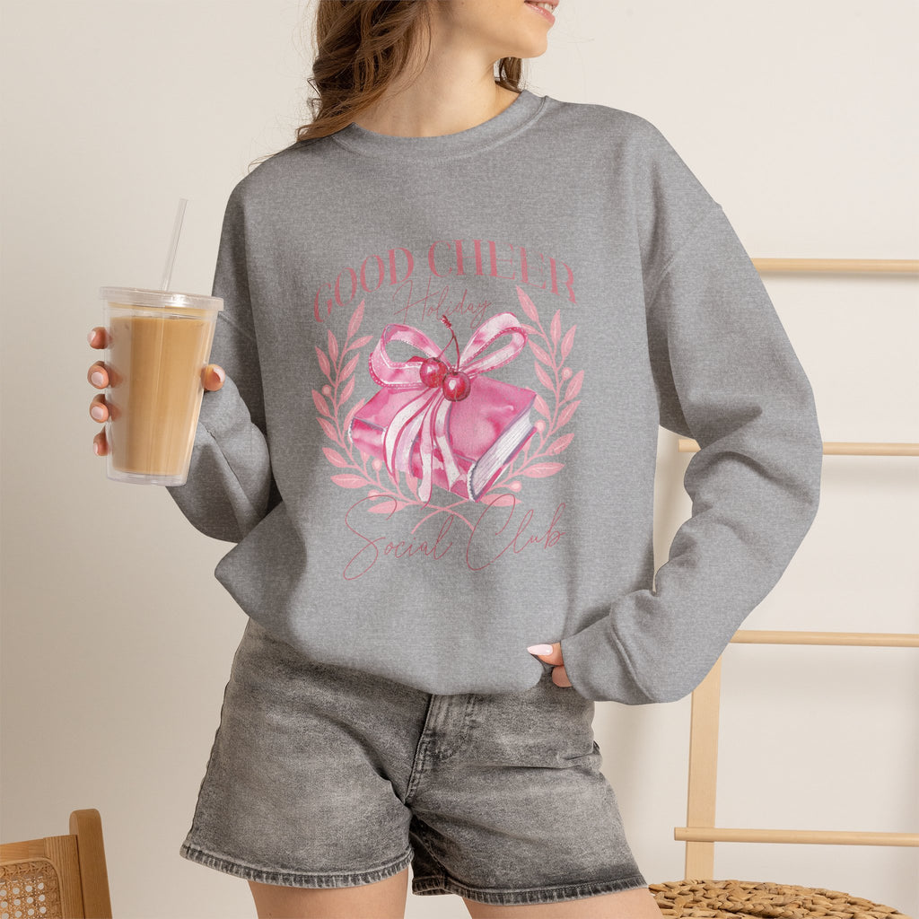 Christmas Sweatshirt Coquette Style | Good Cheer Social Club Pink Ribbon Wreath Holiday Cozy Crew
