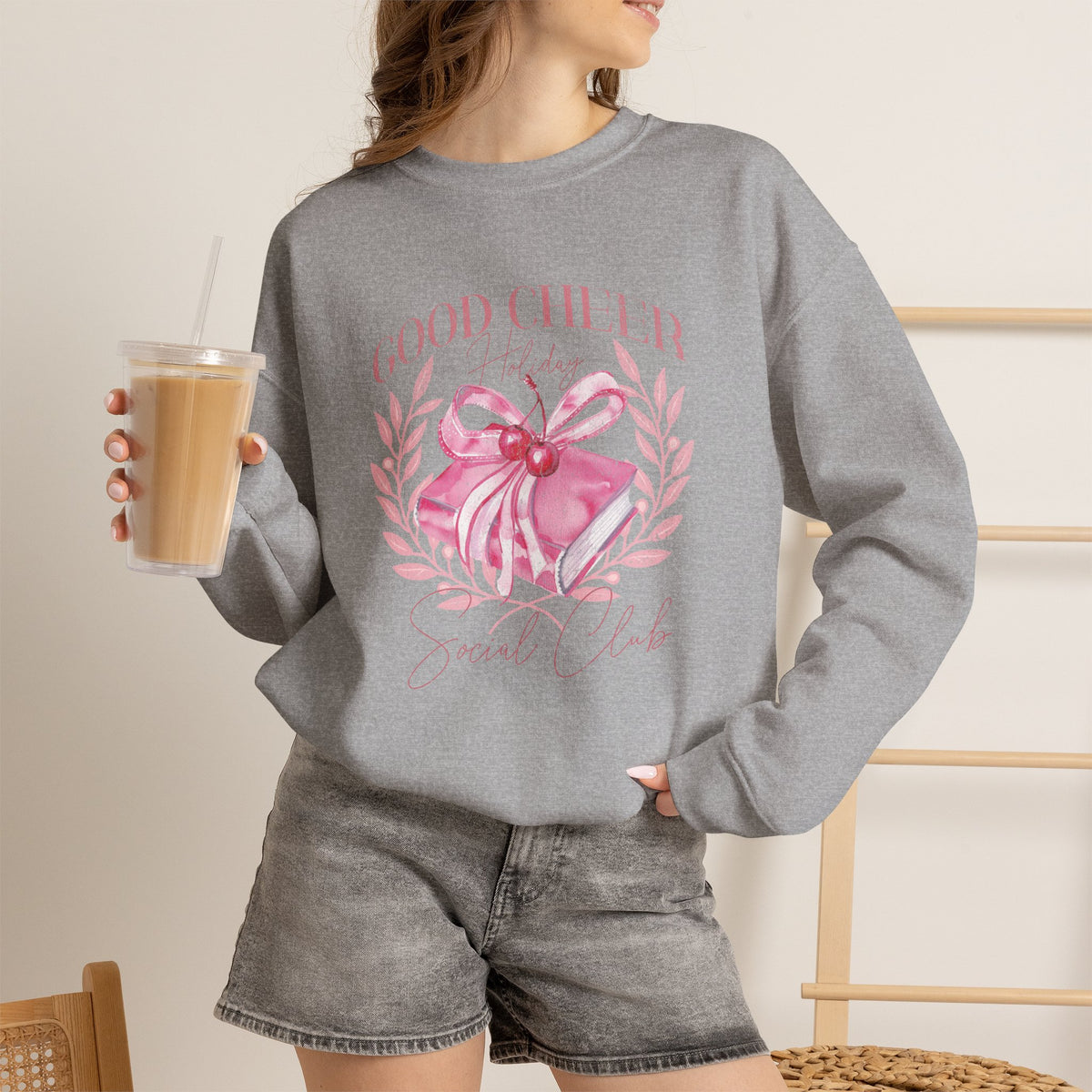 Christmas Sweatshirt Coquette Style | Good Cheer Social Club Pink Ribbon Wreath Holiday Cozy Crew