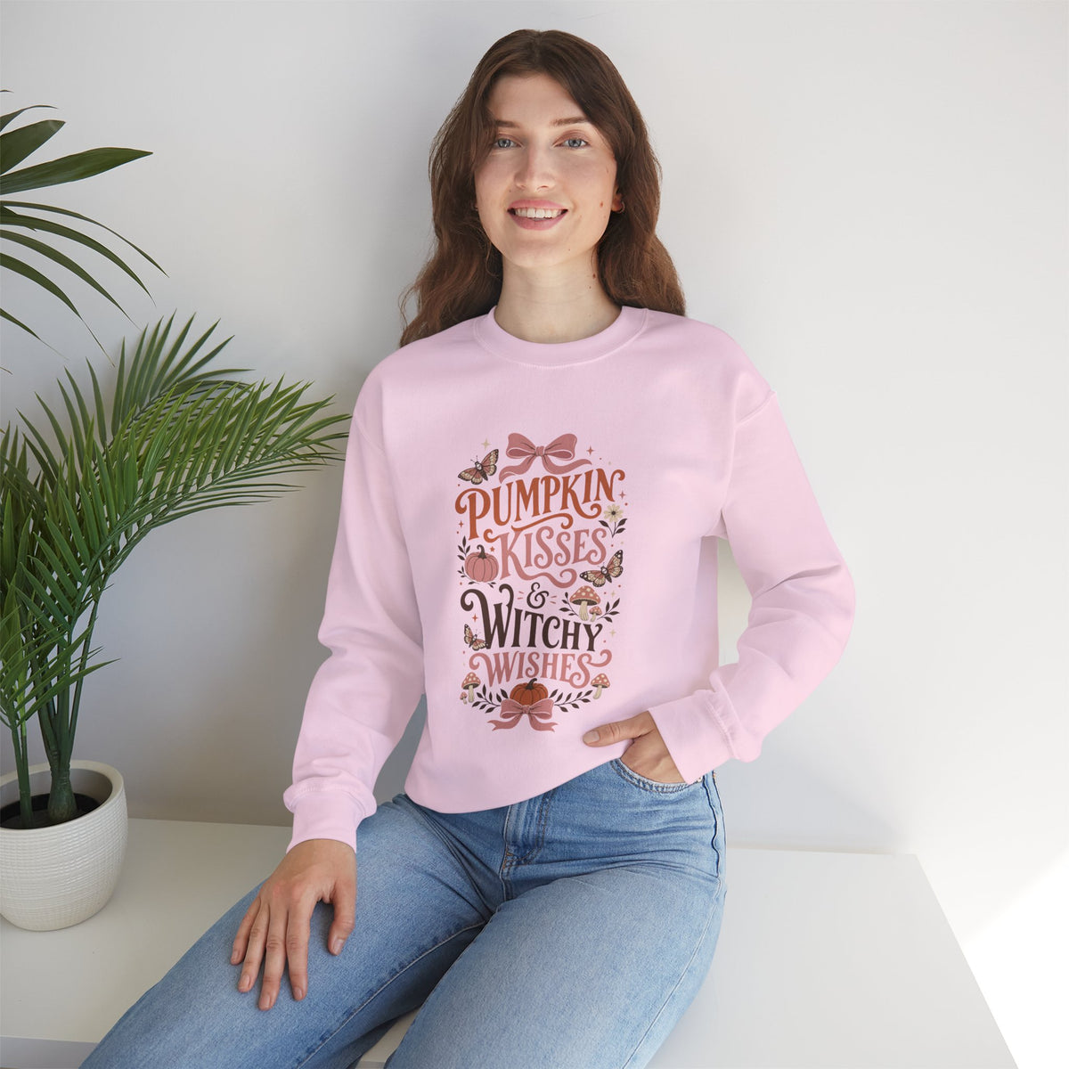 Pumpkin Kisses & Witchy Wishes Crewneck Sweatshirt | Fall Halloween Butterflies Sweater