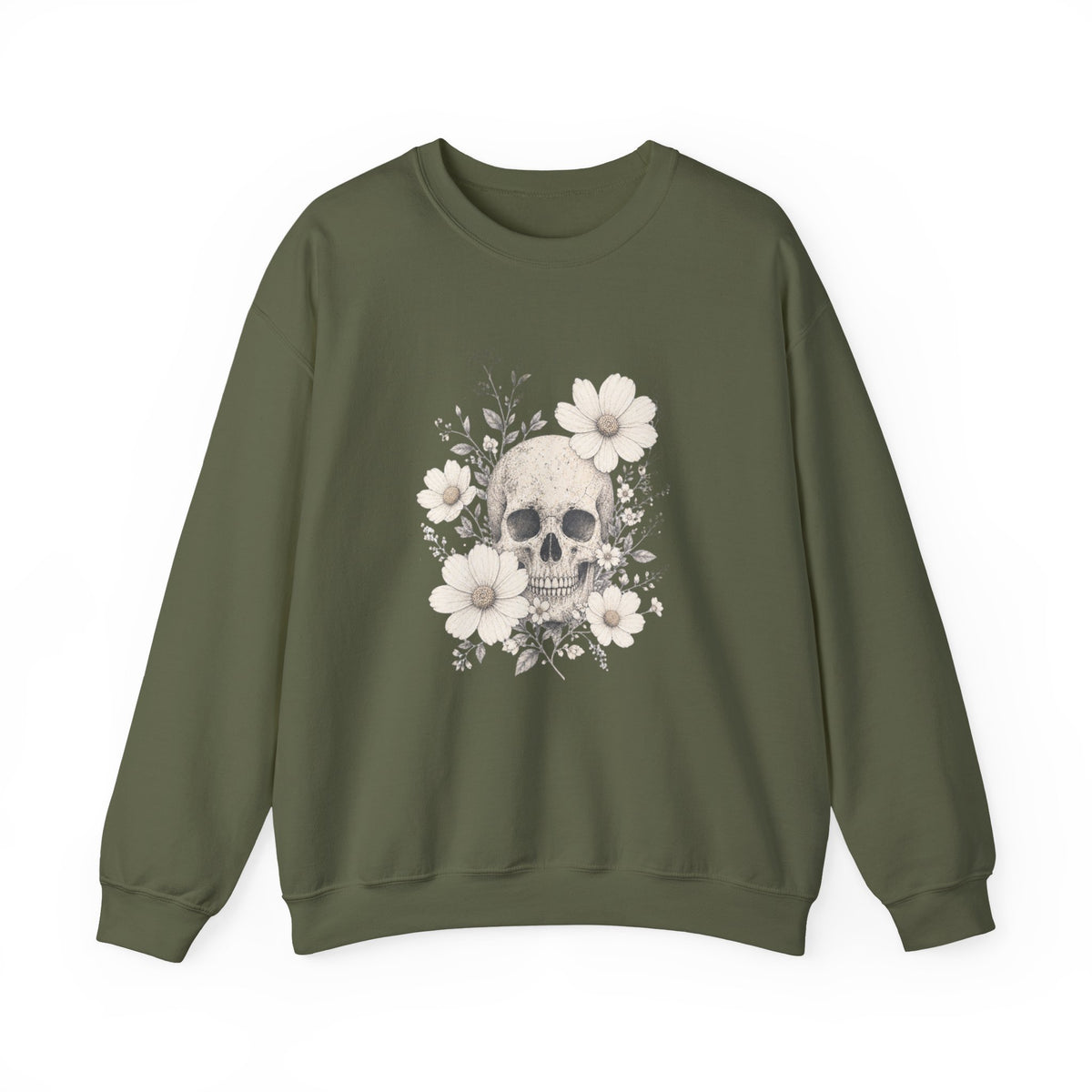 Moody Edgy Floral Skull Crewneck Sweatshirt | Botanical Skull Design Gothic Halloween Dark Romantic