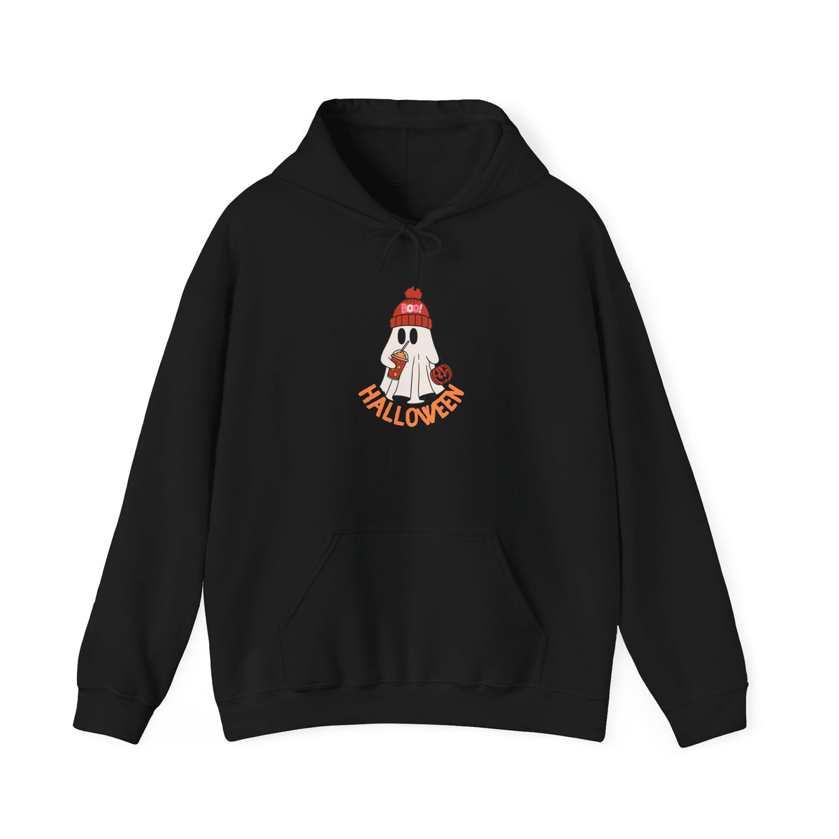 Cute Ghost in Beanie Halloween Hoodie | Retro Boo Cool coffee drinking trick or treat Pumpkin Design
