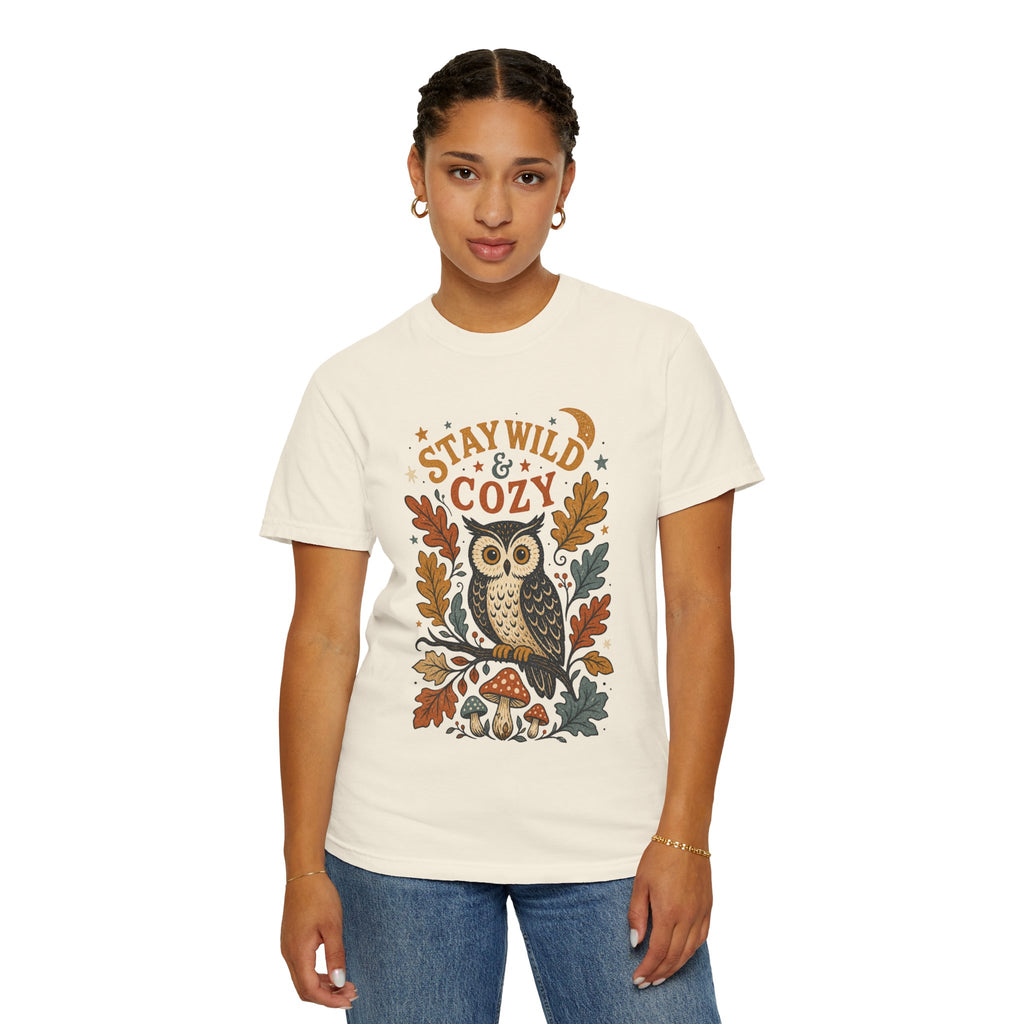 Stay Wild & Cozy Owl Illustration Comfort Colors T-Shirt | Autumn Leaves, Mushroom