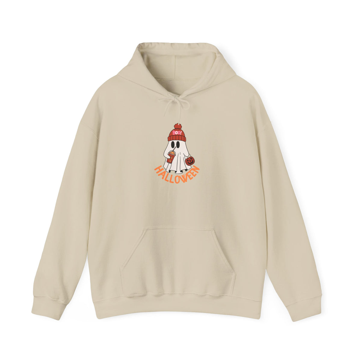 Cute Ghost in Beanie Halloween Hoodie | Retro Boo Cool coffee drinking trick or treat Pumpkin Design