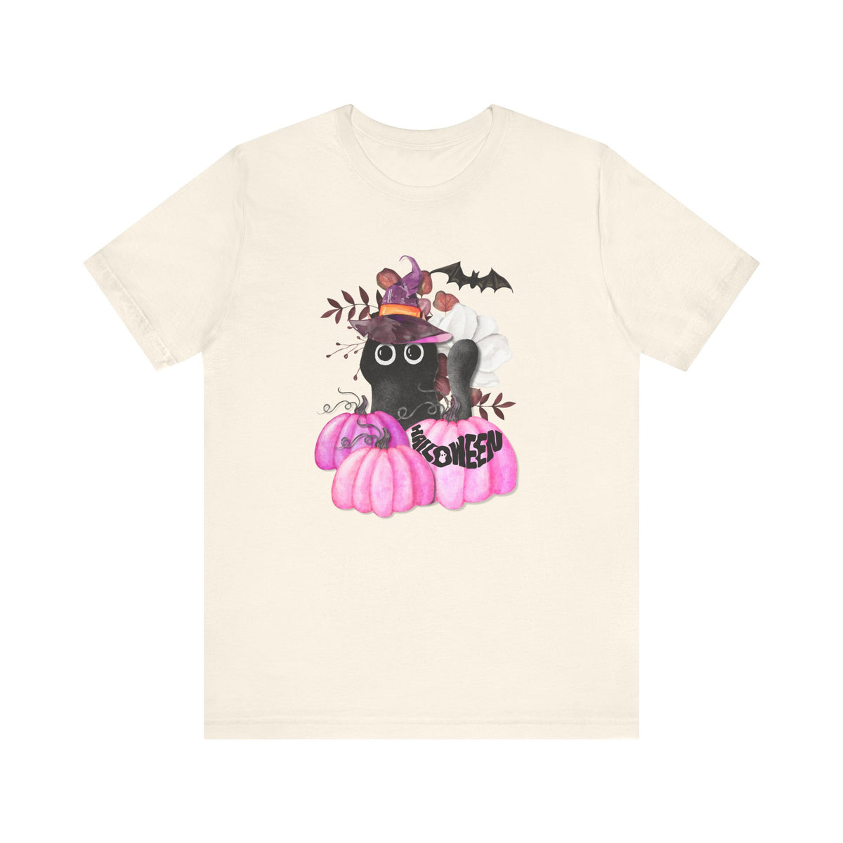 Black Cat Witch with Pink Pumpkins Tee | Halloween Cat Shirt