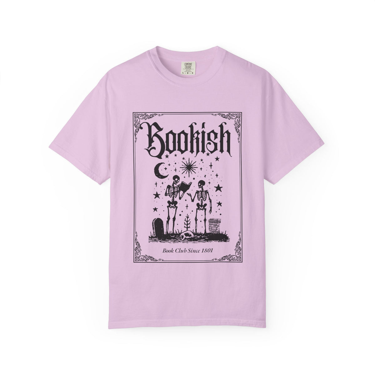 Bookish Skeletons Comfort Colors Tshirt | Gothic book lover tee, occult reading design