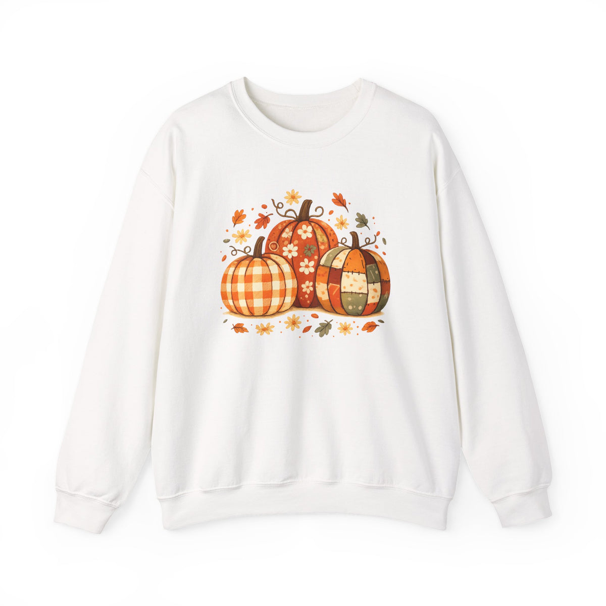 Patchwork Pumpkins Crewneck Sweatshirt | Autumn Plaid Pumpkin Trio