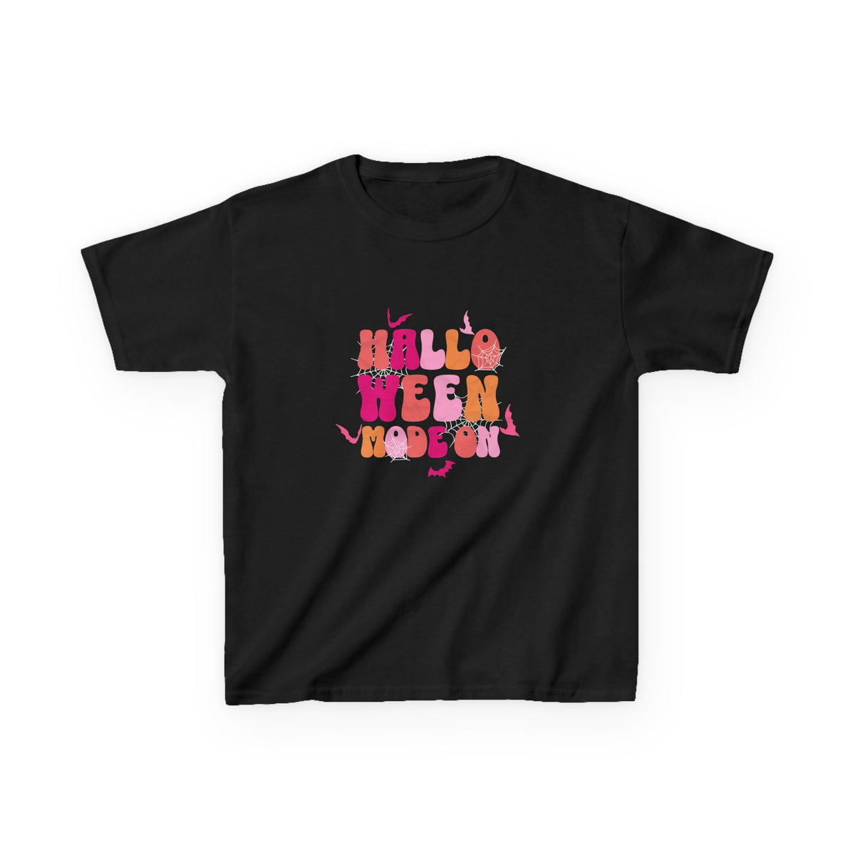 Halloween Vibes Kids Tee | groovy pumpkin lettering, pink orange retro